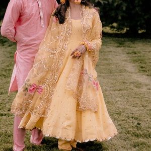 Yellow flowy Anarkali Salwar suit with dupatta